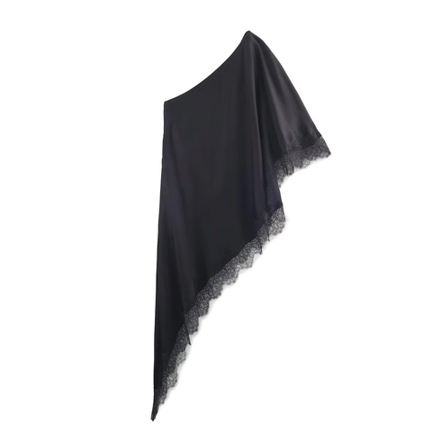 Women Satin One Shoulder Top Asymmetric Sleeveless Blouse With Lace Trim Loose Fit Elegant Casual