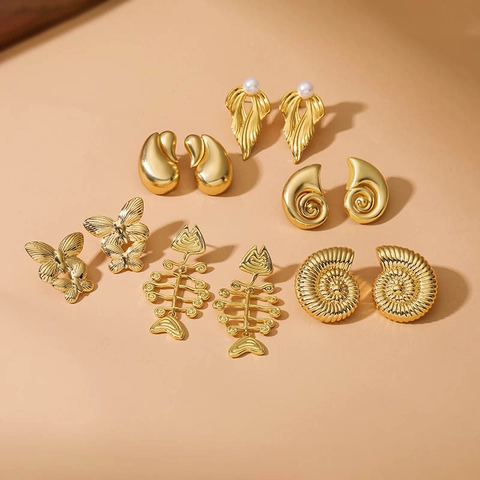 Marine Style Copper Stud Earrings Ocean Conch Fishbone Butterfly Shape Exaggerated Gold Silver Earrings With Artificial Pearl For Women