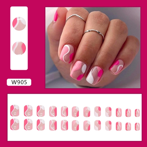 Unghie Finte A Pressione Con Motivo A Onde Rosa Bianco Lucide Corte Quadrate Stile Dolce Manicure Da Donna