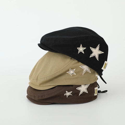 Kinderen Beret Hoed Retro Katoenmix Ster Patch Platte Pet Verstelbaar Streetwear Voor Jongens Meisjes Peuters