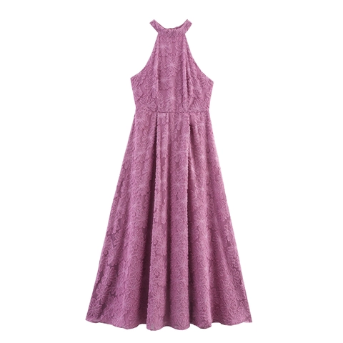 Halter Neck Maxi Dress Textured Burnout Floral Sleeveless Elegant High Waist Sexy Long Evening Gown