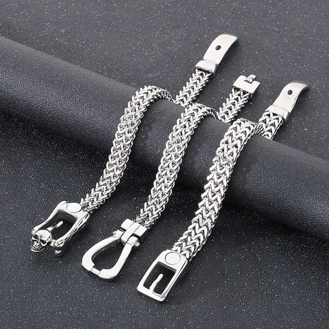 Men Stainless Steel Bracelet Punk Skull Head Double Row Chain Magnetic Clasp Polished Hip Hop Gothic Biker Jewelry