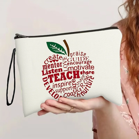 Regalo Apprezzamento Insegnante Borsa Trucco Imitazione Lino Mela Nuvola Di Parole Pochette Con Cerniera Cancelleria