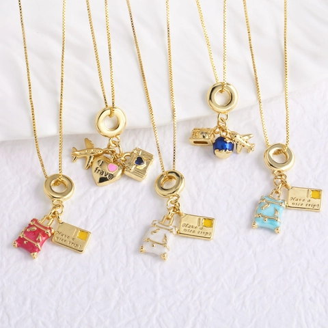 Travel Theme Pendant Necklace Copper Gold Plated Enamel Airplane Globe Suitcase Fashion Jewelry For Women Men
