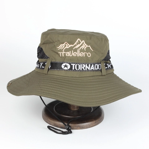 Outdoor Bucket Hat Sun Protection Wide Brim Boonie Hat Breathable Mesh Adjustable Windproof Rope Hiking Fishing Cap