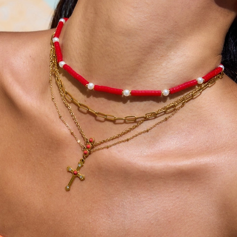 Collar De Capas Con Colgante De Cruz Acero Inoxidable Chapado En Oro 18K Cuentas Turquesa Roja Perla Artificial Joyería Mujer