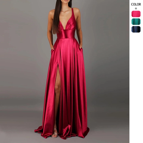 Abito Da Sera In Raso Da Donna Scollo A V Profondo Spacco Alto Schiena Scoperta Lunghezza Al Pavimento Ballo Elegante