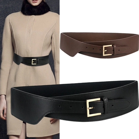 Cintura a Corsetto Elastica Larga da Donna Moda Semplice in Ecopelle Patchwork con Fibbia in Metallo Dorato per Abiti e Cappotti