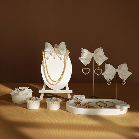 Plaster Jewelry Display Stand Bowknot Decorative Tray Earring Necklace Ring Holder Photography Props Vintage French Style