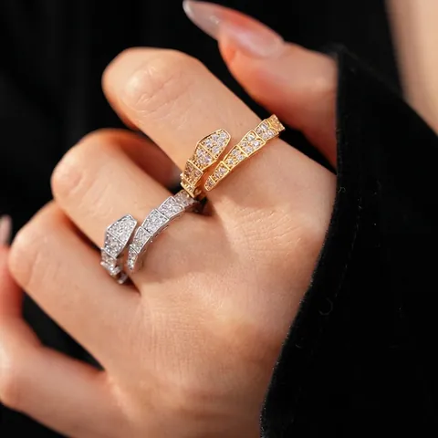 Snake Open Ring Copper With Full Zircon Inlay Scale Texture Adjustable Finger Jewelry For Women Trendy Luxury Fashion