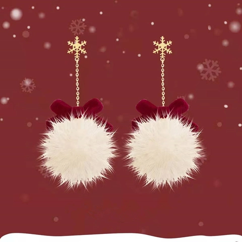Rote Samt Schleife Weihnachten Hänger Ohrringe Goldene Schneeflocke Weißer Pelzball Festlicher Winter Schmuck Silberstecker