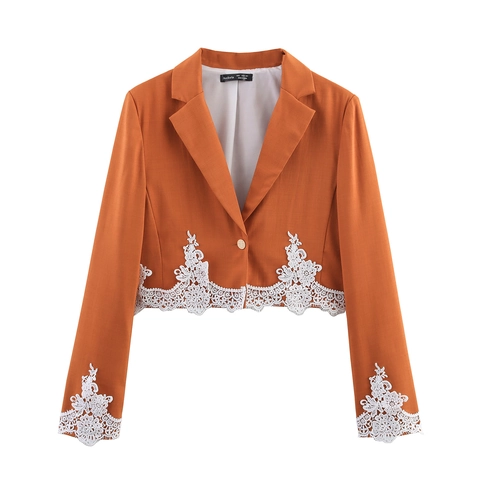 Women Short Blazer Jacket Elegant Lace Patchwork Orange Long Sleeve Lapel Commute Polyester Outerwear With Single Button