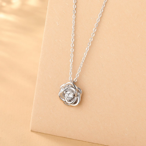 Collana con Ciondolo a Forma di Rosa in Argento Sterling S925 per Donna con Zirconia Bianca Elegante Catena da Clavicola