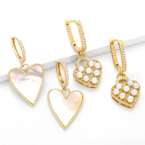 Orecchini A Cerchio A Cuore Rame Placcato Oro 18K Con Madreperla Zircone E Perla Artificial Gioielli Di Moda Eleganti Per Donna