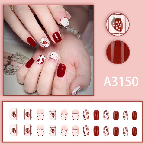 Strawberry Pattern Press On Nails Short Square Round Red Grid Polka Dot Glossy Manicure For Women Fresh Style