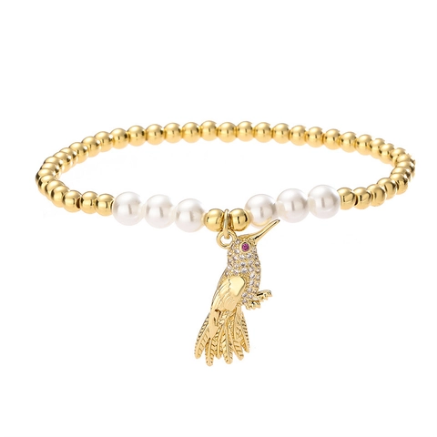Pulsera Con Colgante De Colibrí Y Loro Con Cuentas De Cobre Chapadas En Oro Y Perlas Artificiales De Imitación Circon Para Mujer