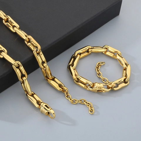 Set Di Gioielli Collana E Bracciale A Catena Naso Di Maiale Hip Hop In Acciaio Inossidabile Maglia Chicco Di Caffè Punk Trendy