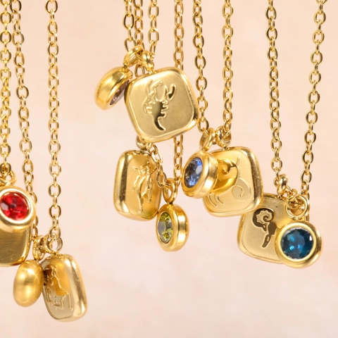 Vintage Stainless Steel Twelve Zodiac Birthstone Pendant Necklace 18K Gold Plated For Women Men Jewelry Birthday Gift