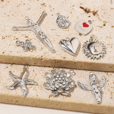 Edelstahl DIY Anhänger Charms Silberfarben Vintage Kreuz Sonnenblume Engel Herz Seestern Für Schmuckherstellung Damen