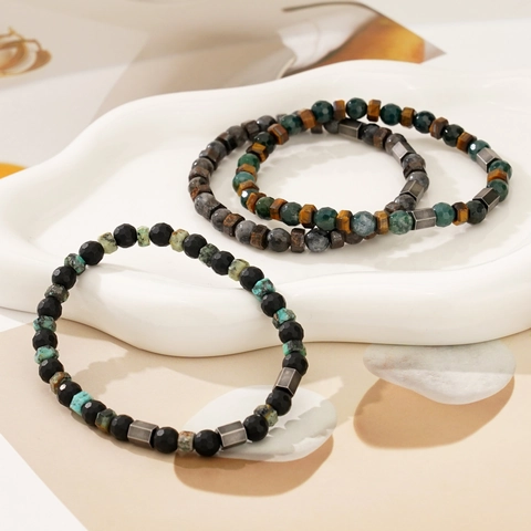 Faceted Natural Stone Beaded Bracelet With Stainless Steel Tiger Eye Agate For Men Women Vintage Ethnic Style Elastic