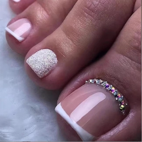 Classic French Style Press On Toe Nails Pink White Short Square Artificial Fake Nails With Shiny Rhinestones And Glitter