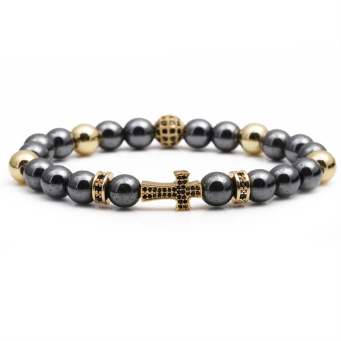 Kupfer Mikro Eingelegte Zirkonia Kreuz Perlen Armband Tigerauge Lavastein Malachit Weißer Türkis Herren Damen Religiöser Schmuck Geschenk