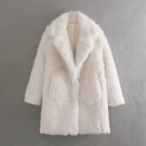 Women Faux Fur Coat Plush Lapel Collar Warm Thick Long Sleeve Winter Outerwear Streetwear