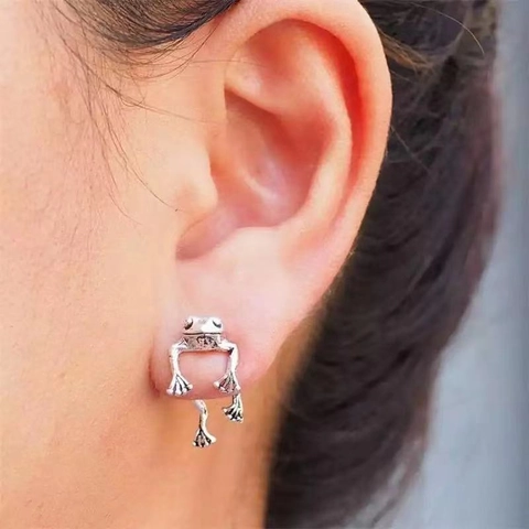 Vintage Silver Frog Jewelry For Women Retro Animal Ear Studs Alloy Pendant Necklace Boho Ethnic Style Fashion Accessories