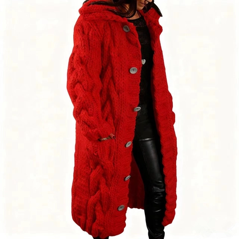 Women Hooded Cardigan Sweater Chunky Cable Knit Long Coat With Buttons Pockets Plus Size Casual Outerwear