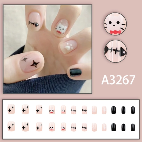 Press On Nails Short Square Artificial False Nail Tips Cartoon Cat Fishbone Star Pattern Glossy For Women DIY Manicure