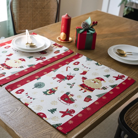 Mantel Individual De Navidad Jacquard Poliéster Papá Noel Reno Copo De Nieve Decoración Mesa Comedor Fiesta