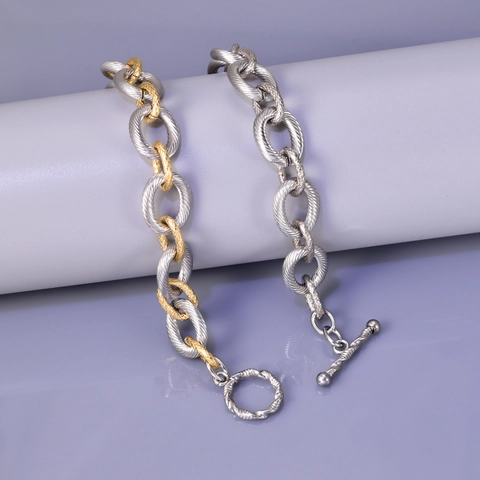 Strukturierte Gliederkette Armband Titanstahl 18K Vergoldet Knebelverschluss OT Schnalle Klobiger Schmuck Für Damen