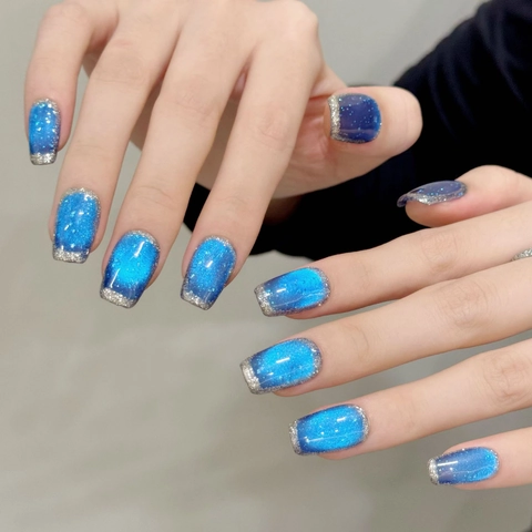 Blue Cat Eye Press On Nails Silver Glitter French Tips 3D Water Drops Short Square Round Reusable Artificial Nails