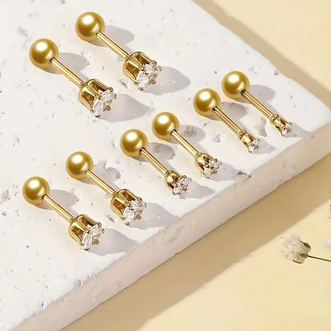 316 Stainless Steel Round Cubic Zirconia Stud Earrings Gold Plated Ball Screw Back Unisex Minimalist Piercing Jewelry