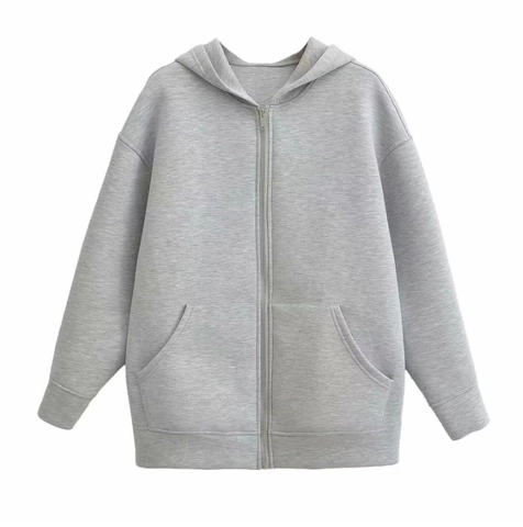 Damen Kapuzenjacke Mit Reißverschluss Übergroß Grau Scuba Stoff Langarm Kordelzug Kapuzenpullover Mit Taschen Lässig