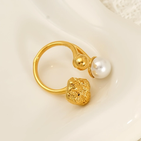 Irregular Molten Lava Texture Open Ring 18K Gold Plated 304 Stainless Steel With White Imitation Artificial Pearl French Retro
