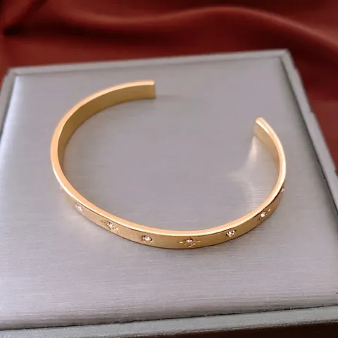 18K Gold Plated Copper Open Bangle Bracelet For Women With Zircon Star Engraving Vintage Minimalist Adjustable C Shape Jewelry