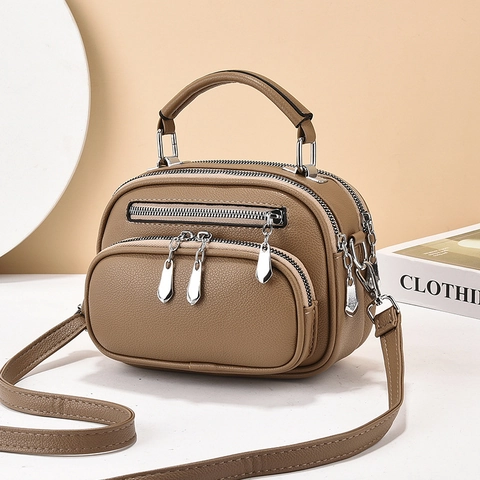 Women PU Leather Litchi Grain Multi-Layer Handbag Urban Minimalist Zipper Crossbody Shoulder Bag For Daily Use