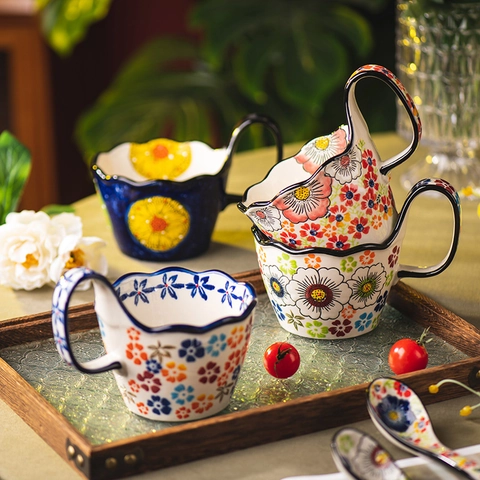 Handbemalte Keramik Kaffeetasse Mit Großem Loop Griff Wellenrand Florale Porzellan Frühstückstasse Für Zuhause Büro