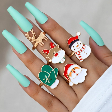 Christmas Rings Alloy Enamel Santa Claus Snowman Reindeer Festive Jewelry Adjustable Colorful Accessories