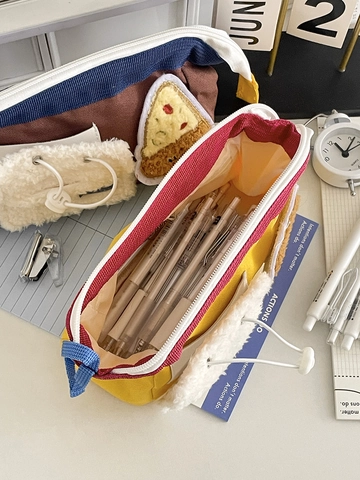 Kawaii Canvas Sherpa Pencil Case Large Capacity Stationery Pouch Cartoon Burger Pizza Patch Desktop Organizer For Students