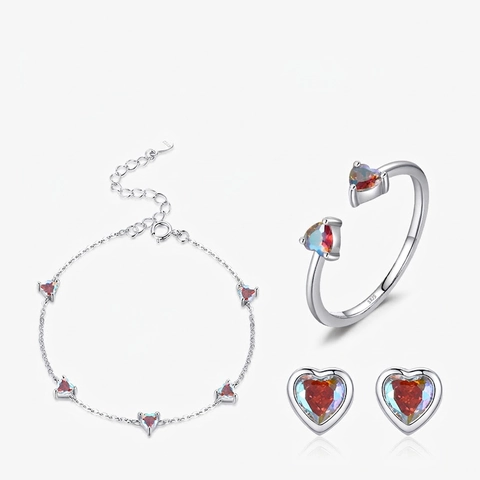 925 Sterling Silber Herzförmig Aurora Zirkon Verstellbar Offener Ring Armband Stecker Ohrringe Mode Süß Für Frauen