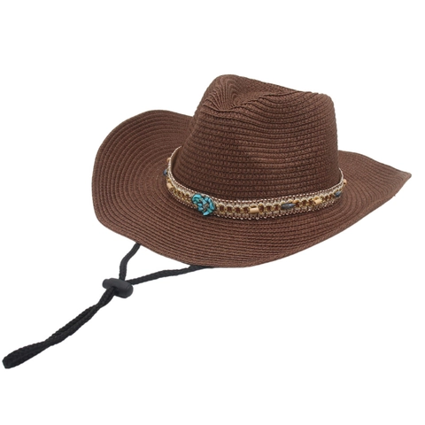 Western Cowboy Straw Hat With Turquoise Beads Ethnic Bohemian Woven Sun Hat Adjustable Chin Strap Outdoor