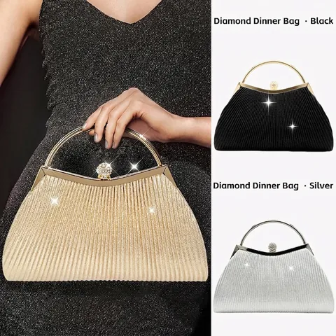Pleated Evening Clutch Bag With Round Metal Handle And Rhinestone Clasp Elegant Handheld Party Dinner Purse For Women