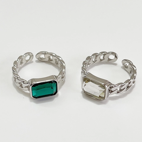 Adjustable Open Ring 925 Sterling Silver Rectangular Zircon Emerald Cut Chain Link Design Retro Modern Style