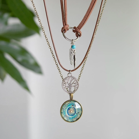 Colliers Multi-rangs Bohémiens Alliage Cordon Suède Arbre De Vie Plume Mandala Pendentif Style Ethnique Vintage Bijoux Femme