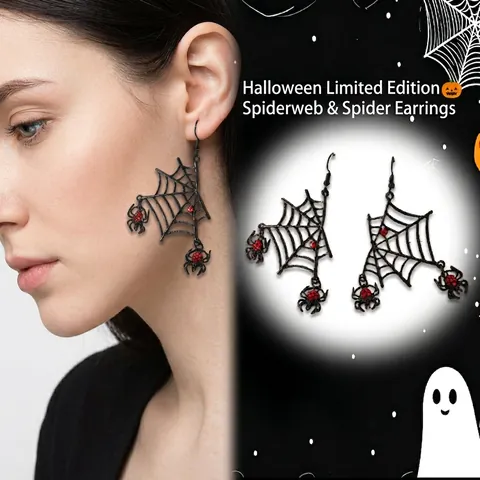 Boucles D'oreilles Pendantes Toile D'araignée Gothique Alliage Noir Avec Strass Rouge Et Tige De Boucle D'oreille Bijoux Punk