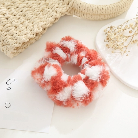 Chouchous En Peluche À Motifs À Damiers Fausse Fourrure Élastiques Doux Pour Femmes Filles Accessoires De Mode Automne Hiver