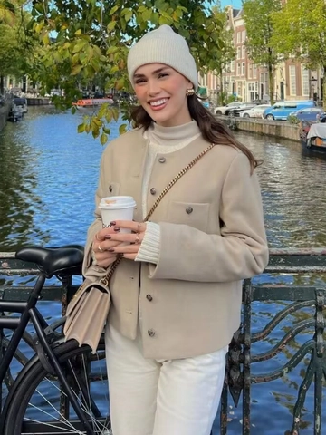 Women French Chic Short Jacket Round Neck Metal Button Woolen Coat Elegant Long Sleeve Outerwear With Pockets