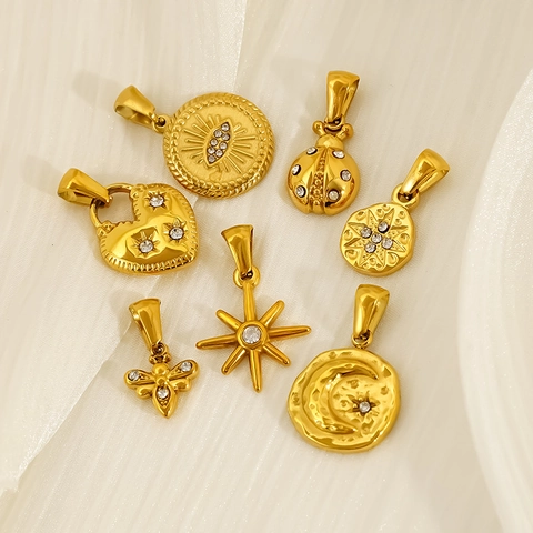 Stainless Steel 18K Gold Plated Zircon Pendant Vintage Star Moon Heart Bee Evil Eye For Women Waterproof Hypoallergenic